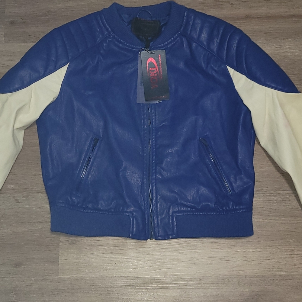 Yoki Blue and Cream Women's Leather Jacket